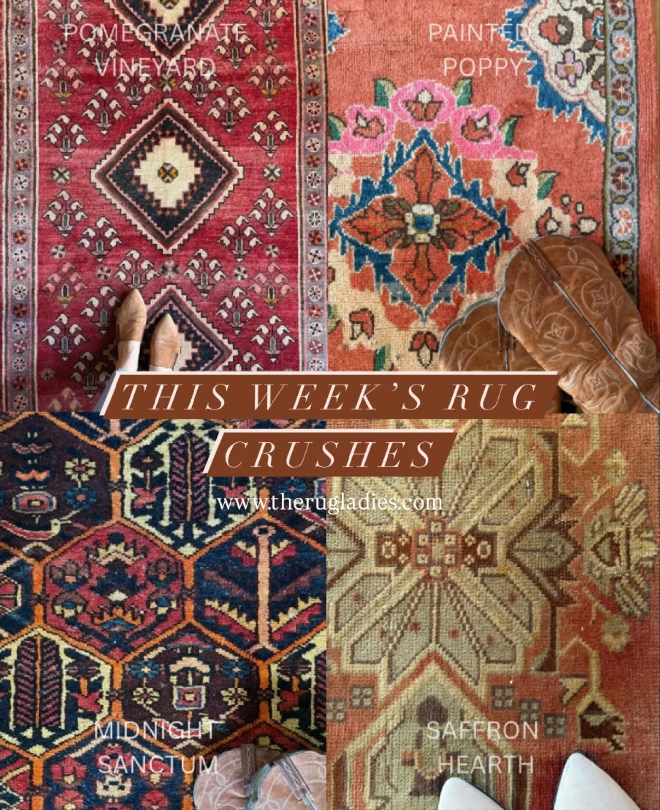 This week&rsquo;s rug crushes are small in number but mighty in charm.
From the soft blush of Painted Poppy to the rich geometry of Midnight Sanctum, each one carries its own story and soul.

✨ New arrivals now live at therugladies.com

#vintagerugs 
