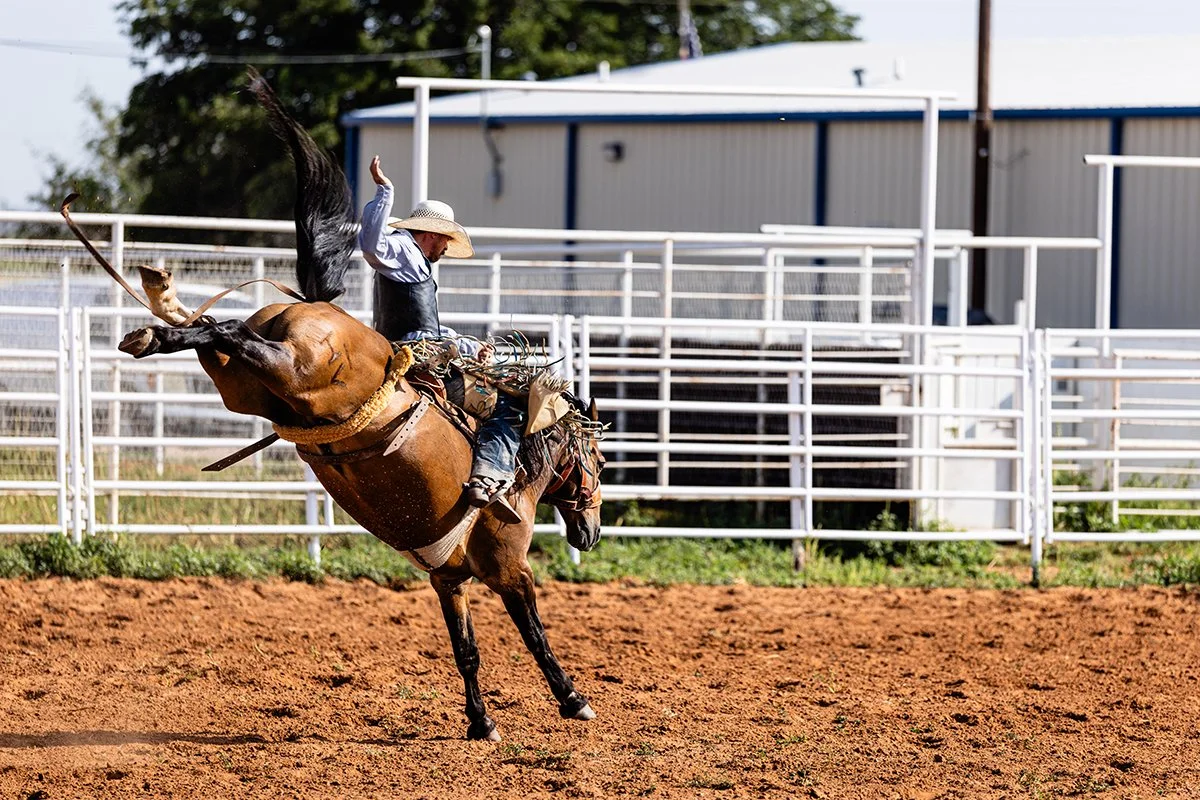 A cowboy on a bucking horse at an outdoor rodeo arena with dirt ground and white fences.