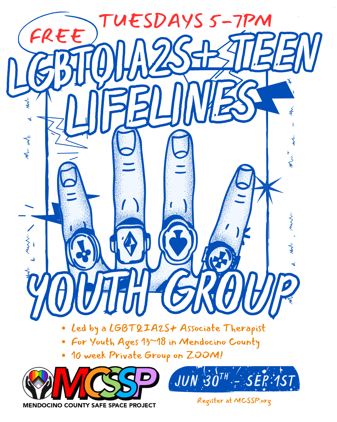 A blue and red flyer shows the hand of an student with four rings . It shows the dates and times of the prior Youth Lifelines Support Group for Summer 2026.