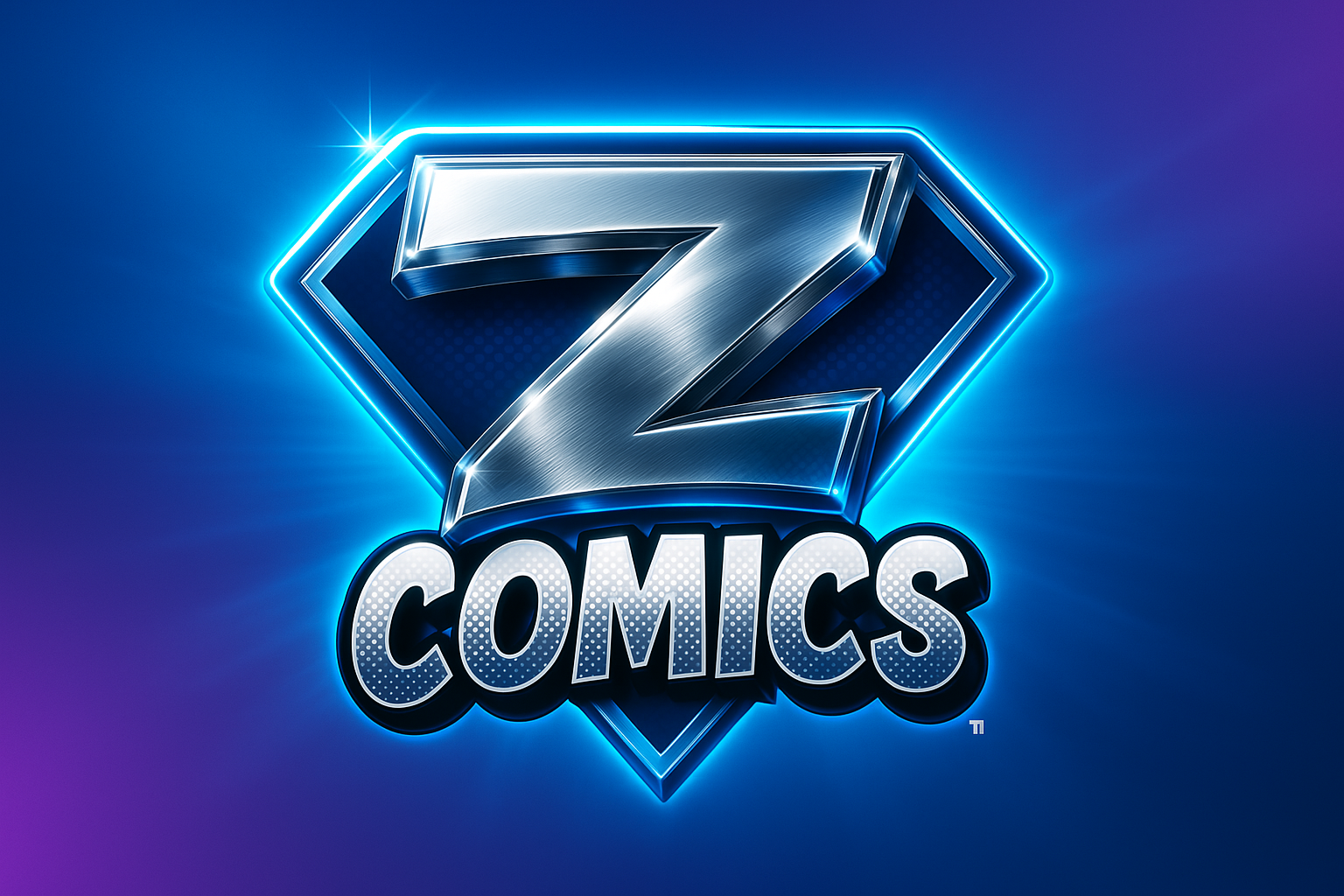 Neon-style logo for 7 Comics with a large silver number 7 inside a diamond-shaped frame and the word 'COMICS' below in bold, dotted letters.