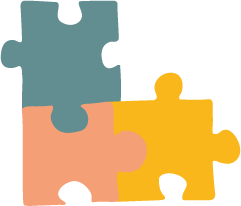 Three puzzle pieces in blue, pink, and yellow interlocked.