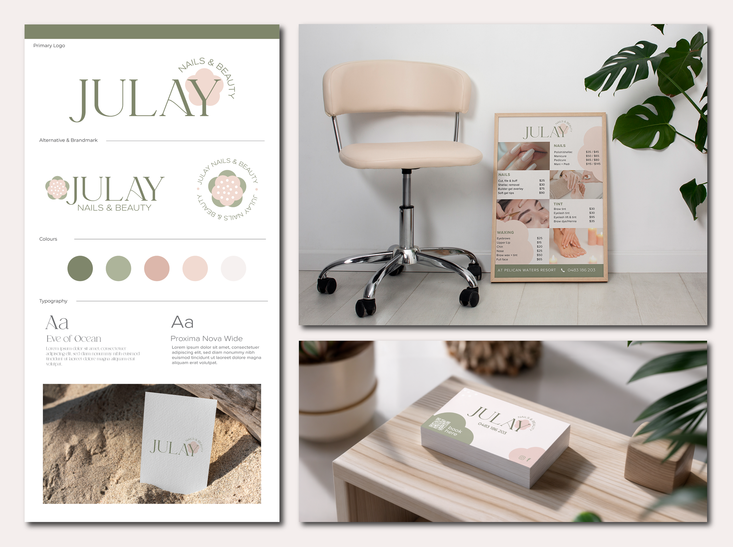 Interior of a nail and beauty salon featuring a white chair, a standing menu board with service prices, a Japanese monstera plant, and branding materials for Julay Nails & Beauty with soft green, pink, and white color palette.