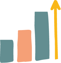 Bar chart showing increasing data with three vertical bars of different heights and colors, an upward arrow indicating growth.