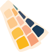 Colorful, patterned object with rectangles and squares in various shades of orange, black, yellow, and pink