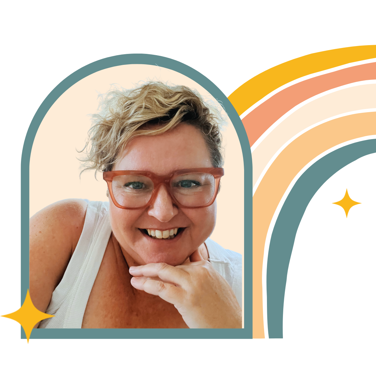 Portrait of a smiling woman with short, curly blonde hair and red glasses, resting her chin on her hand, surrounded by colorful rainbow and star illustrations.