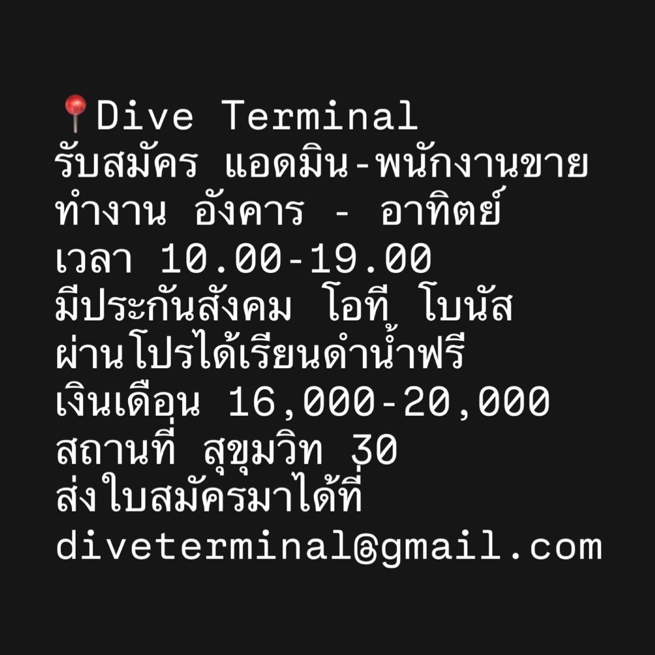 📍Dive Terminal 
รับสมัคร แอดมิน-พนักงานขาย
ทำงาน อังคาร - อาทิตย์
เวลา 10.00-19.00
มีประกันสังคม โอที โบนัส
ผ่านโปรได้เรียนดำน้ำฟรี
เงินเดือน 16,000-20,000
สถานที่ สุขุมวิท 30
ส่งใบสมัครมาได้ที่
diveterminal@gmail.com