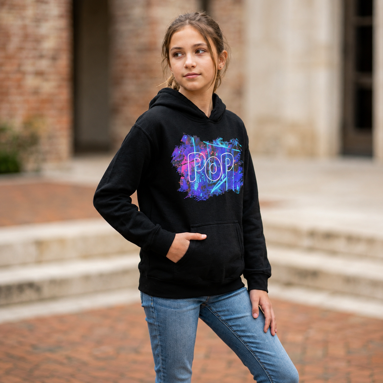 Girl 2 Line Pop Distressed Tween Youth Heavy Blend Hoodie Black.png