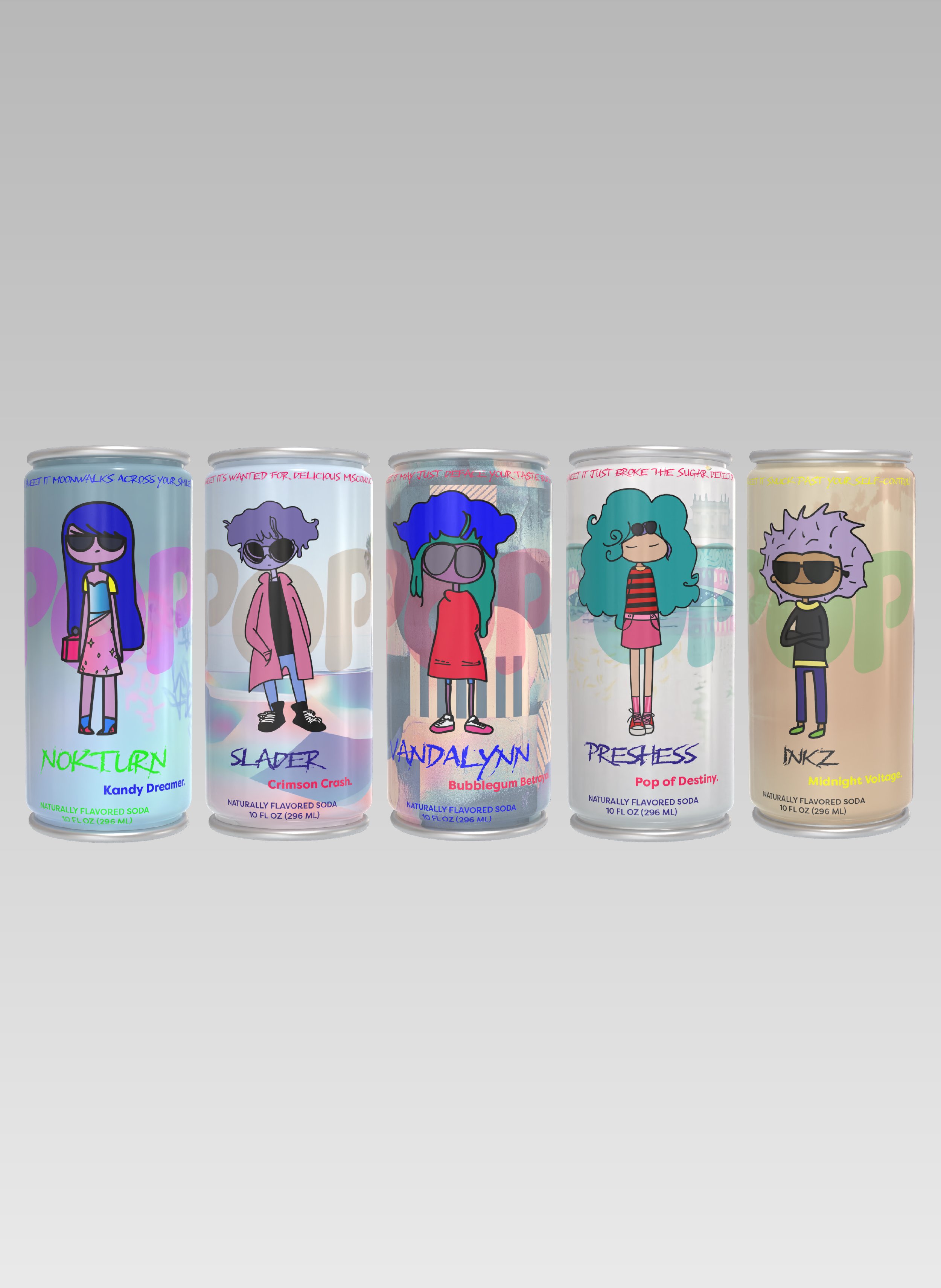 Vandal Pops™ soda can collection – Bubblegum Betrayal, Kandy Dreamer, Crimson Crash, Pop of Destiny, and Midnight Voltage flavors