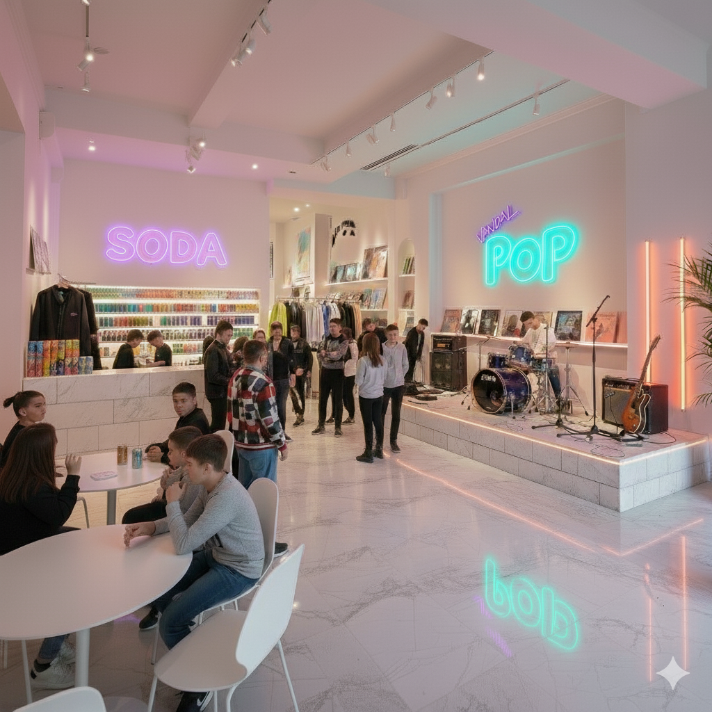 People gathered in a modern interior, with neon signs reading "SODA" and "POP," a stage with musical instruments, and shelves of colorful soda cans.