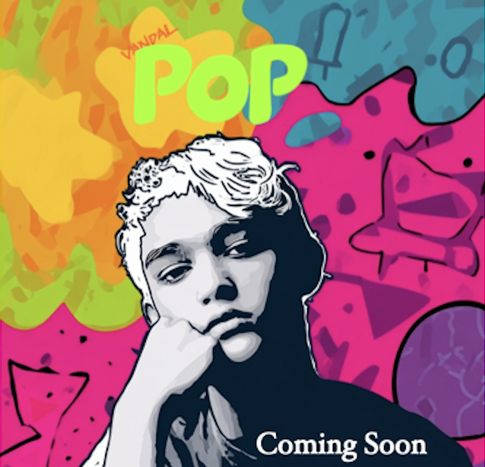 Colorful graffiti-style artwork with a black and white portrait of a young person, surrounded by vibrant abstract shapes and patterns, with the word 'POP' and 'Vandal' in bright letters, and the phrase 'Coming Soon' at the bottom.