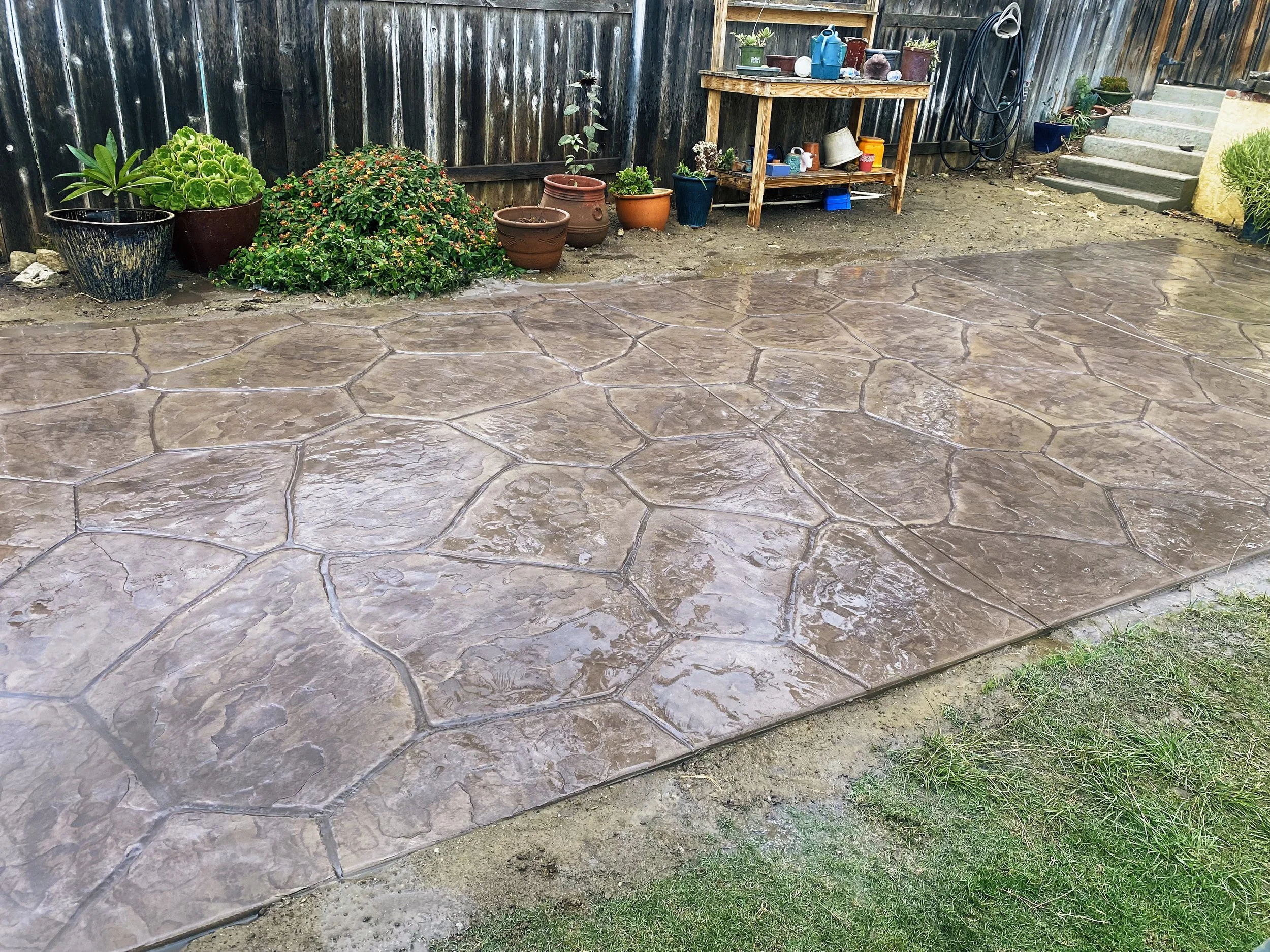 Newly stamped concrete patio with a stamped stone pattern, wet from recent rain, adjacent to a grassy area, with potted plants, a wooden garden shelf, and steps in the background.