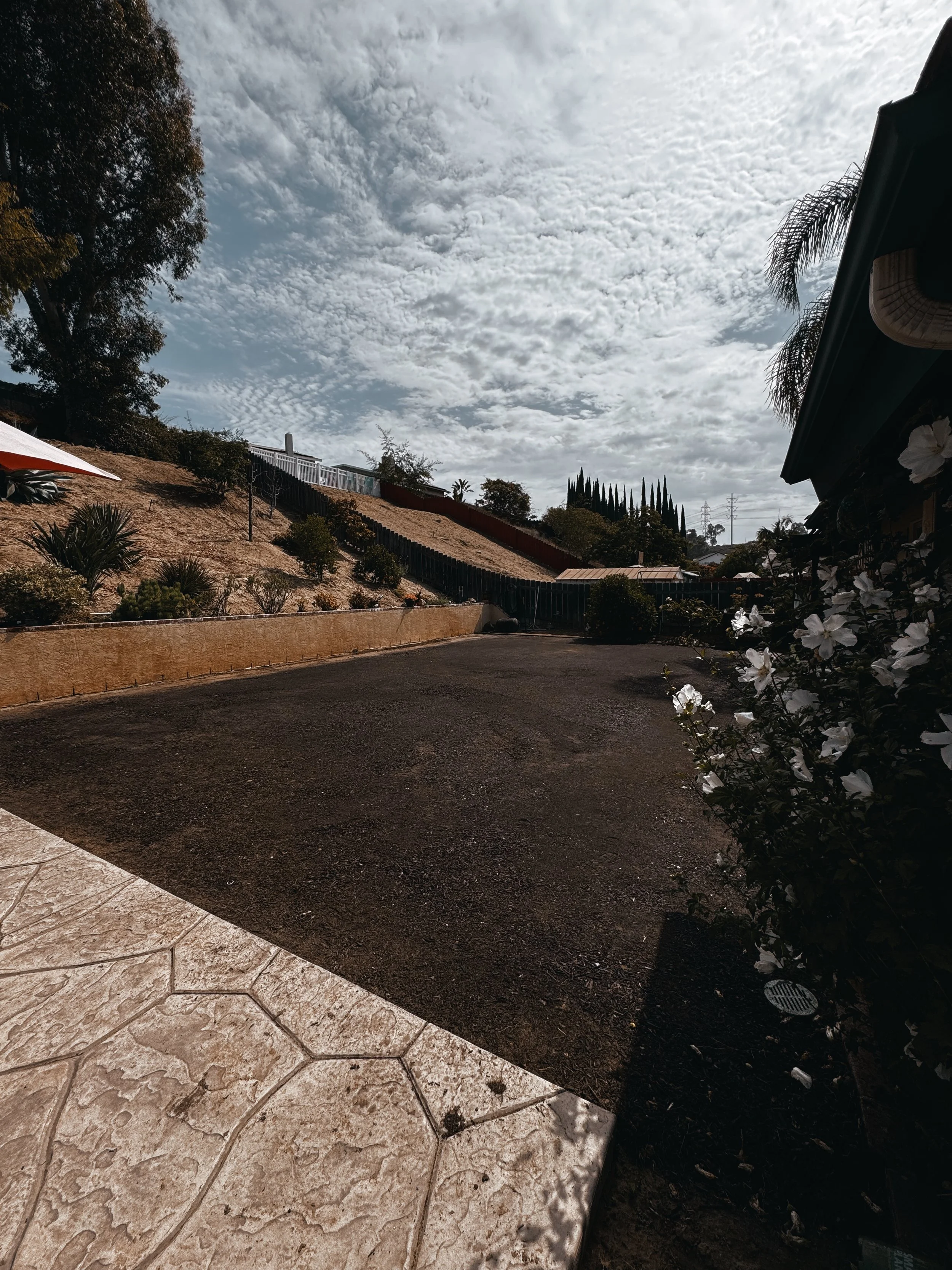 Empty driveway with a sidewalk in the foreground, garden bushes on the right, and a hillside with plants and trees under a partly cloudy sky.