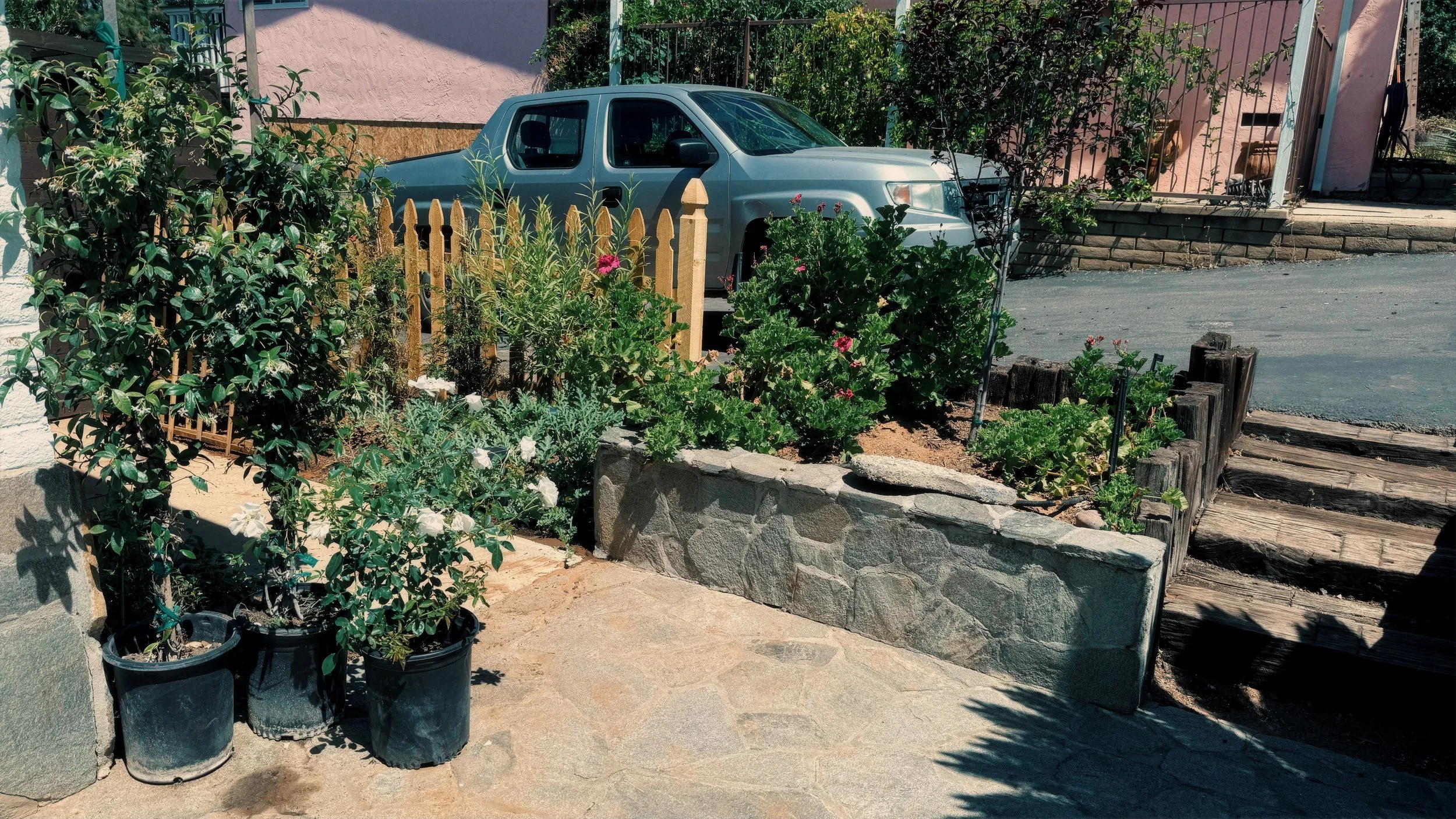 A small garden with potted plants, flowering bushes, and a stone border, next to a parked car and a house with stairs leading up to the entrance.