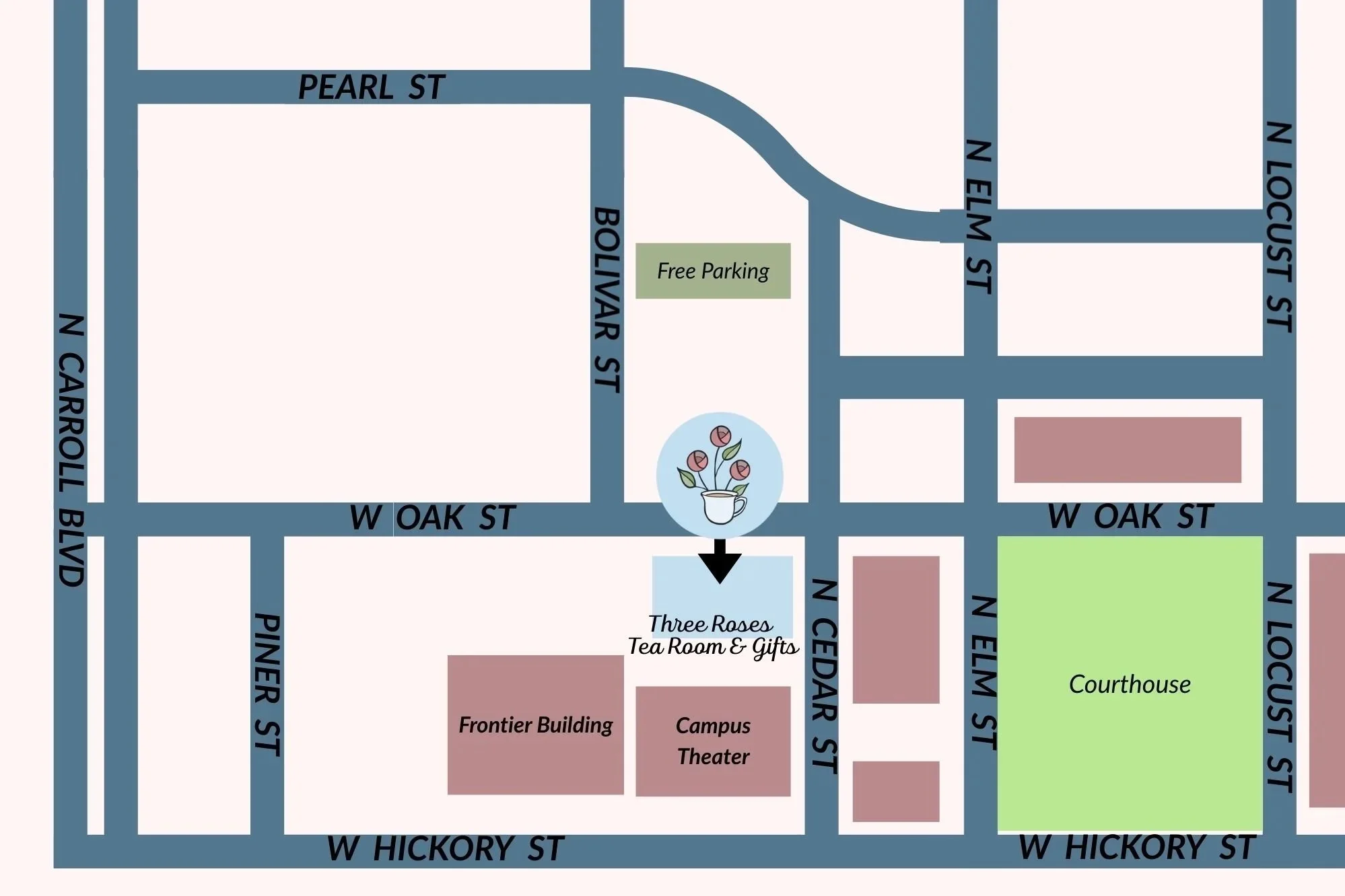 Location & Parking — 3 Roses Tea Room & Gifts