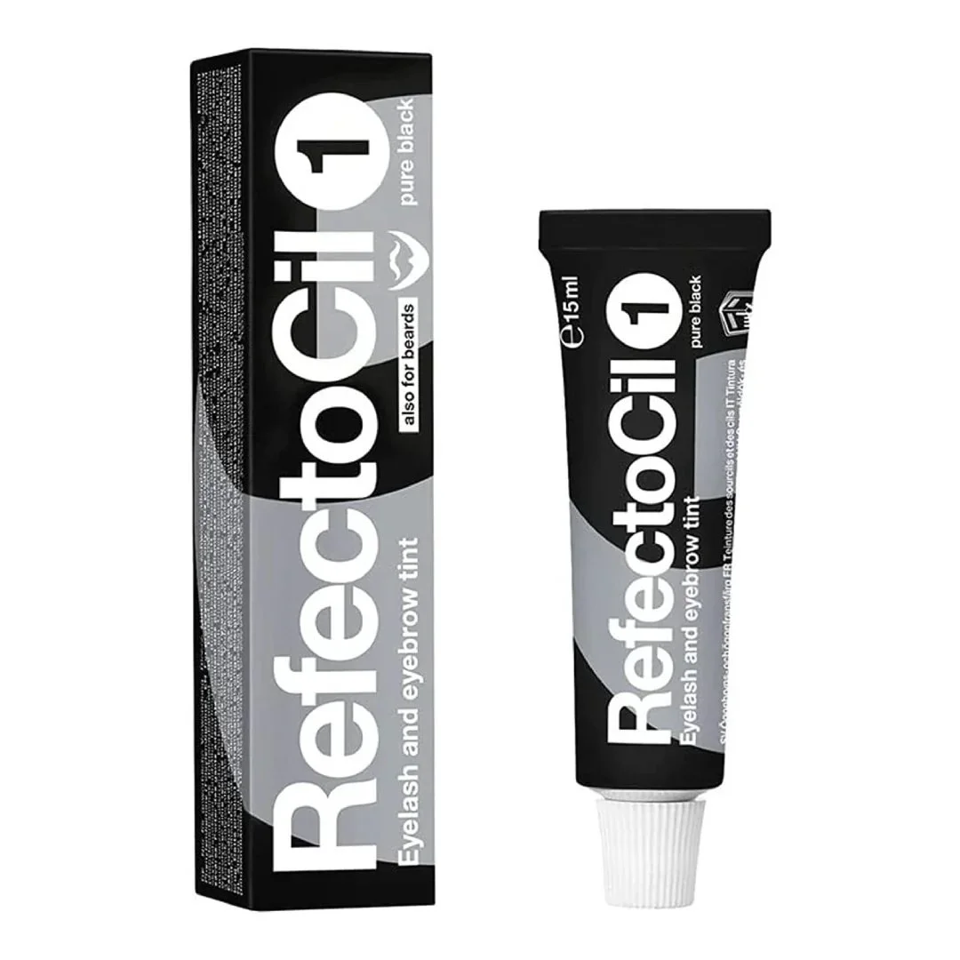 A tube and a box of RefectoCil 1 eyebrow tint in pure black color. The tube has a white cap and the box displays product details.