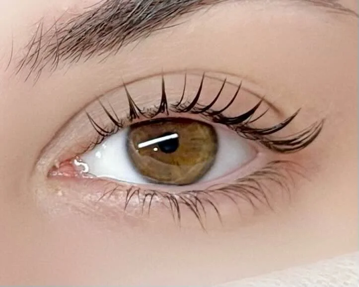 Close-up of a person's eye with brown iris, long eyelashes, and well-groomed eyebrows.