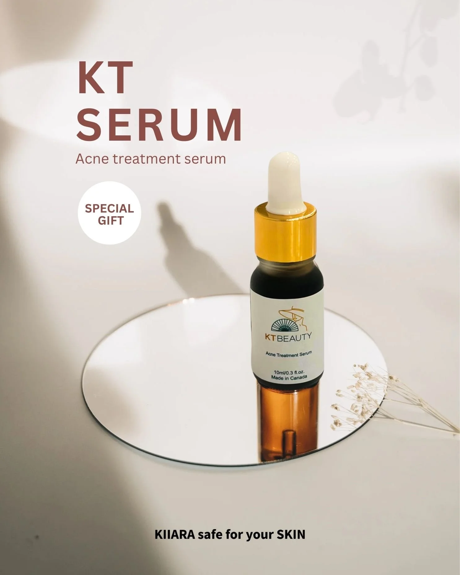 A bottle of KT Beauty acne treatment serum with a white dropper cap, positioned on a mirror, with a white background and text indicating it as a special gift for skin, made in Canada.