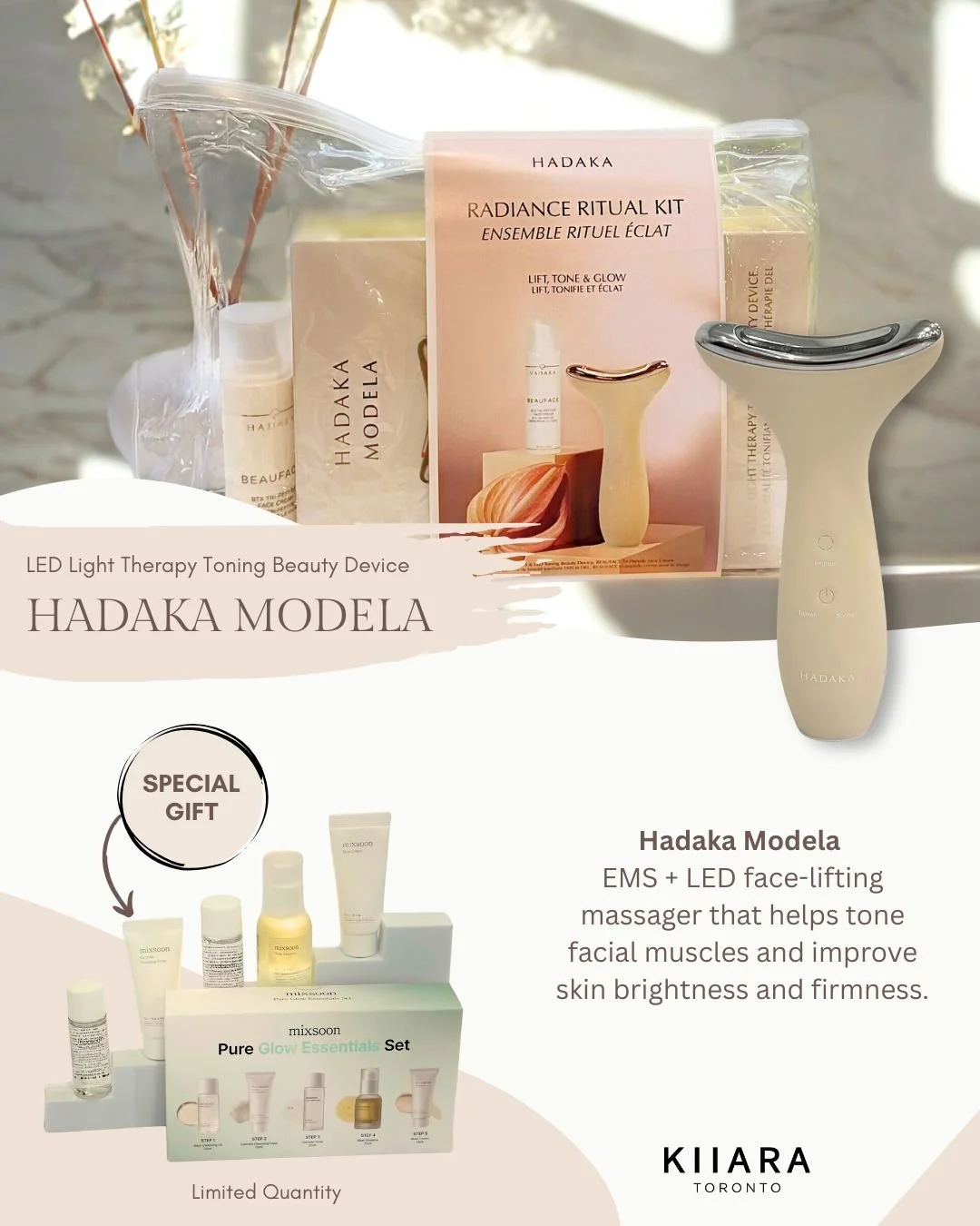 A skincare and beauty device set called Hadaka Modela, including an LED Light Therapy Toning Beauty Device and skincare products, with a special gift set also displayed. The image highlights the product packaging, a brochure, and the devices, promoting skin firming and brightness.