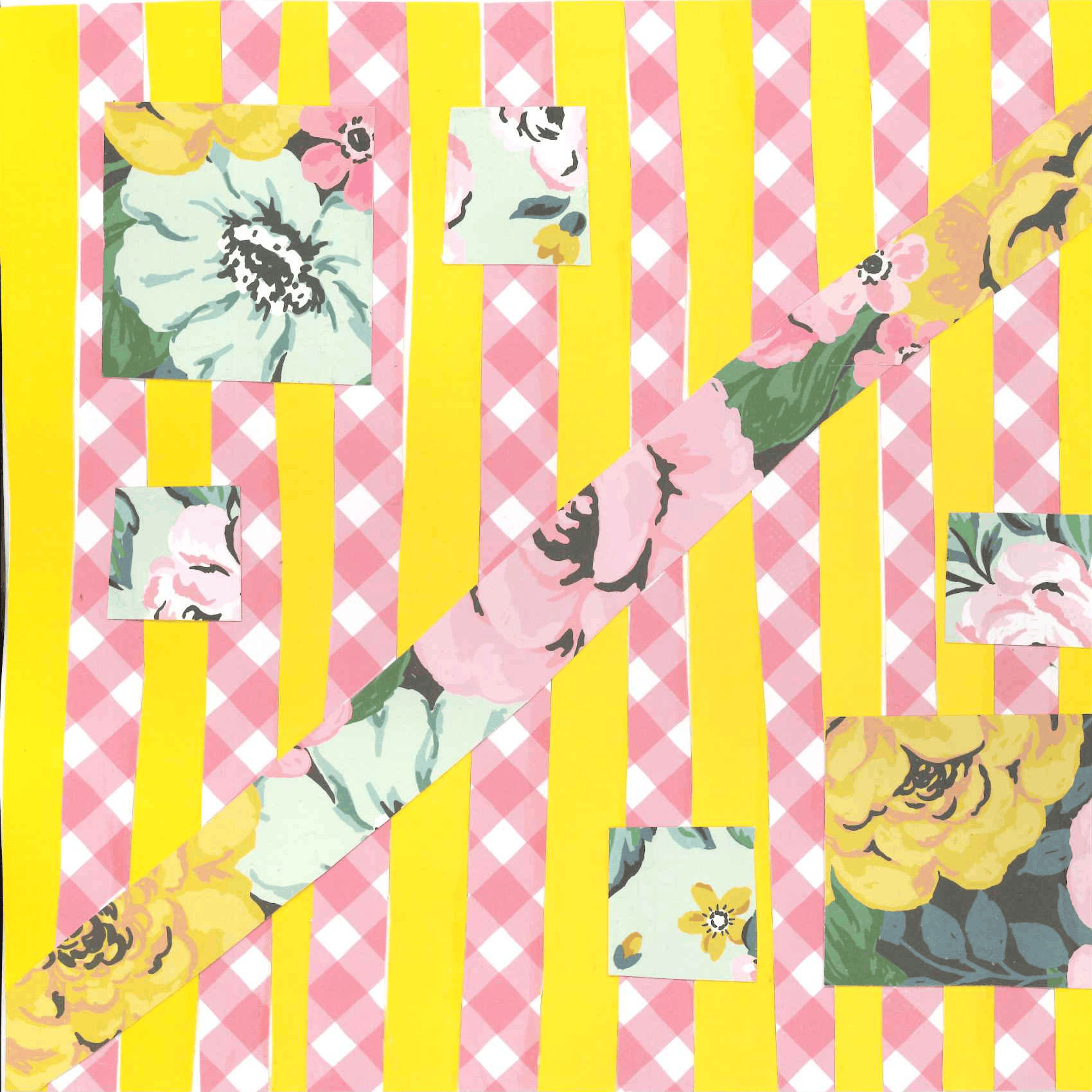 A collage of patterned paper designed to look like a quilt. It has alternating plain yellow and pink plaid strips as well as cutouts of a blue, pink, and yellow floral design.