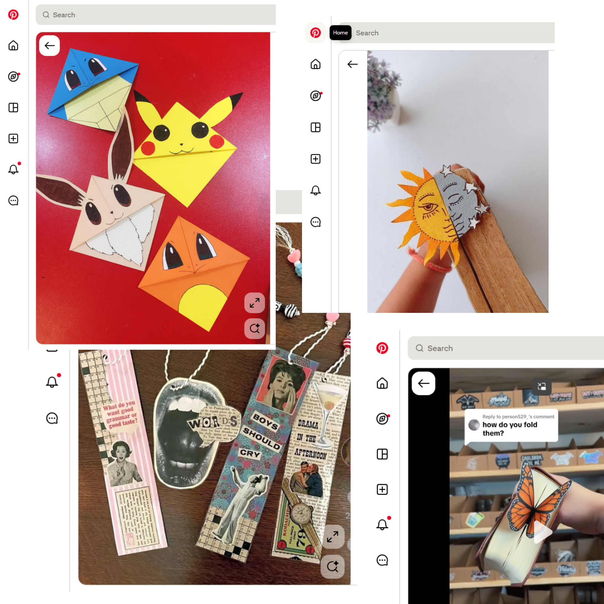A collage of screenshots of Pinterest posts with bookmark inspo including Pokémon pocket corners, collage bookmarks, and a popout butterfly.