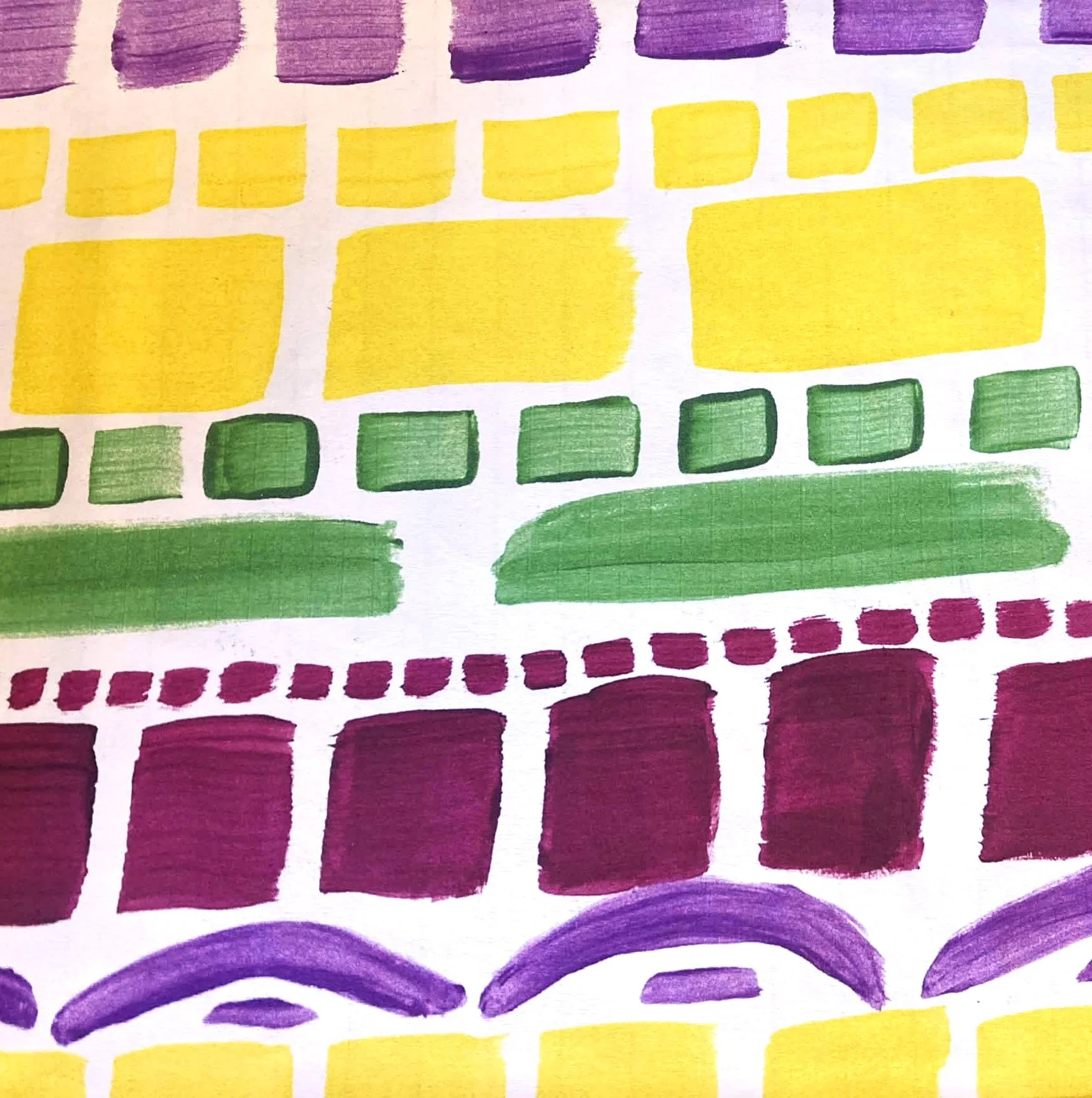 A painting of repeating simple shapes, mainly rectangles, in various sizes and the colors purple, yellow, green, and burgundy.