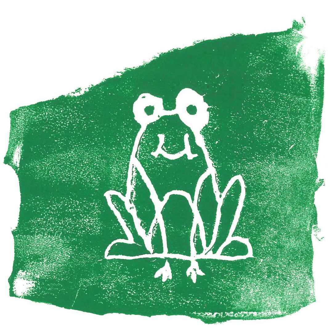 A rustic screenprint of a simplistic frog (white outline) made with medium green ink.