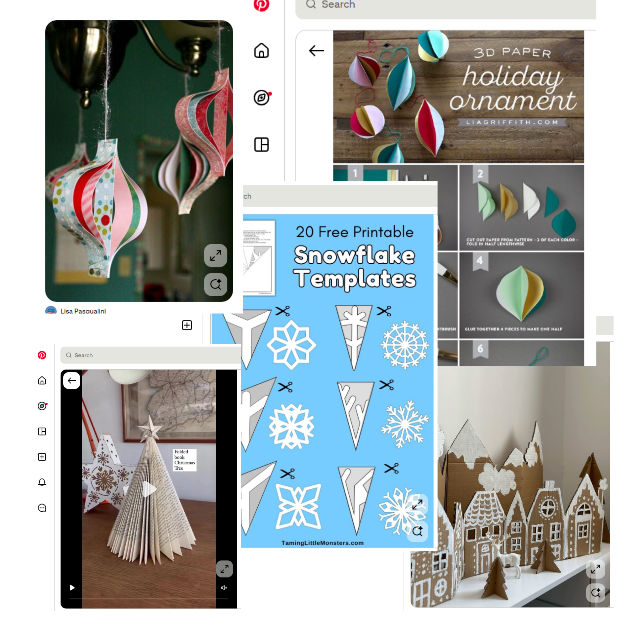 A collage of screenshots of Pinterest posts with holiday crafts like paper ornaments, paper snowflakes, and a cardboard snowy village.