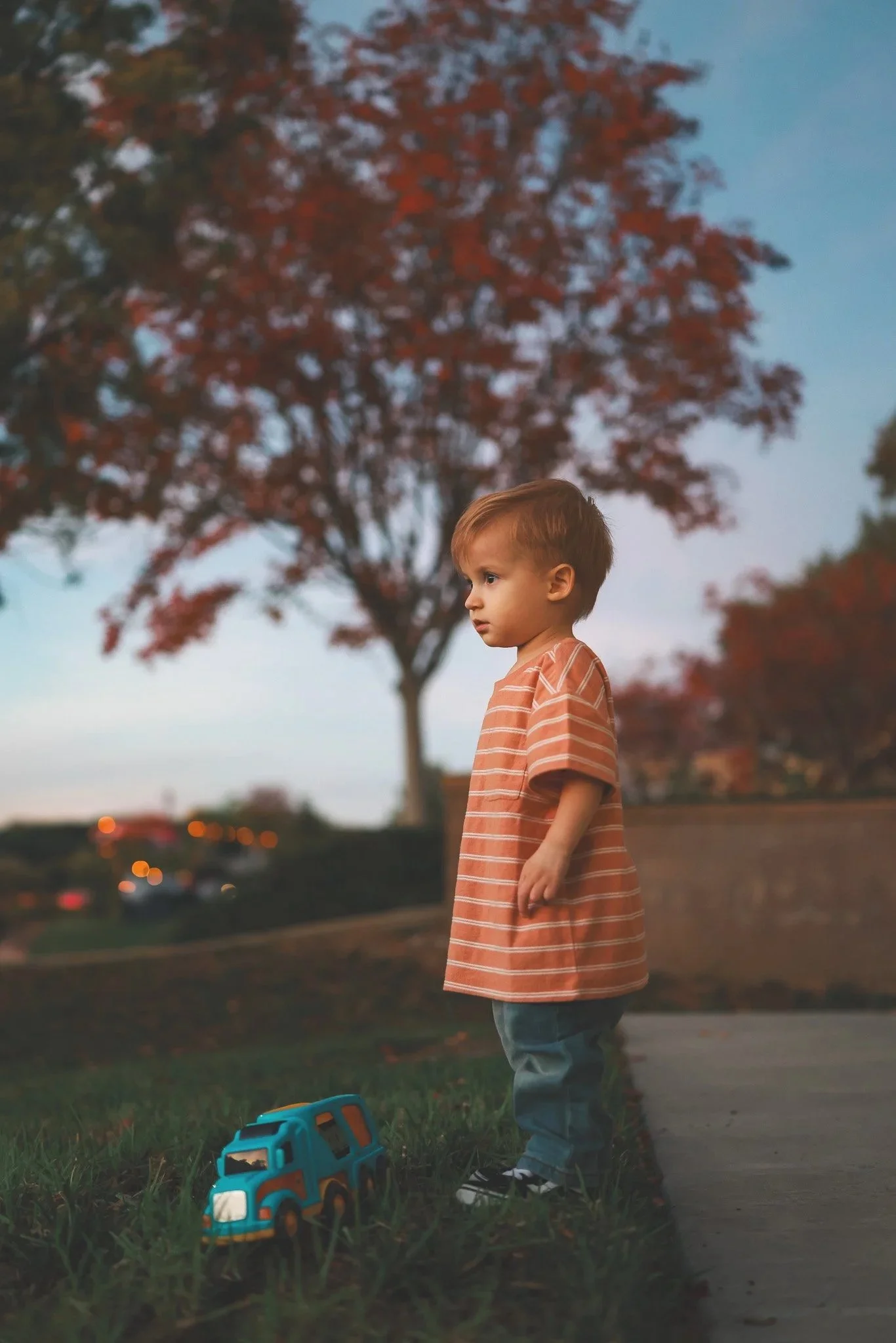 A young boy standing outside on a grassy area during dusk, with a large tree with orange leaves in the background, a toy truck on the ground, and blurred cars with lights on in the distance.
