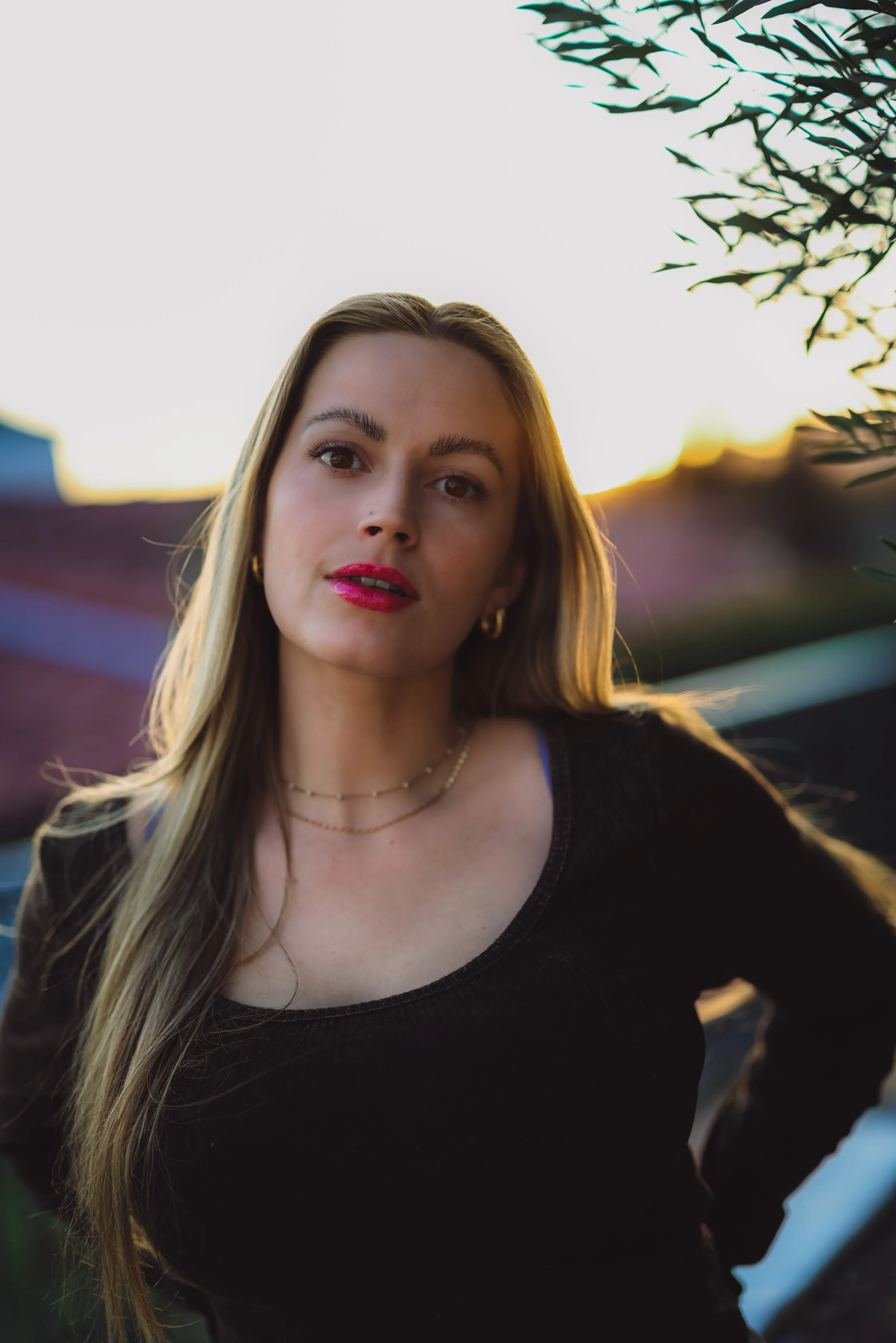 A woman with long blonde hair, wearing a black top and necklaces, standing outdoors during sunset with a blurred background of a roof and a tree.
