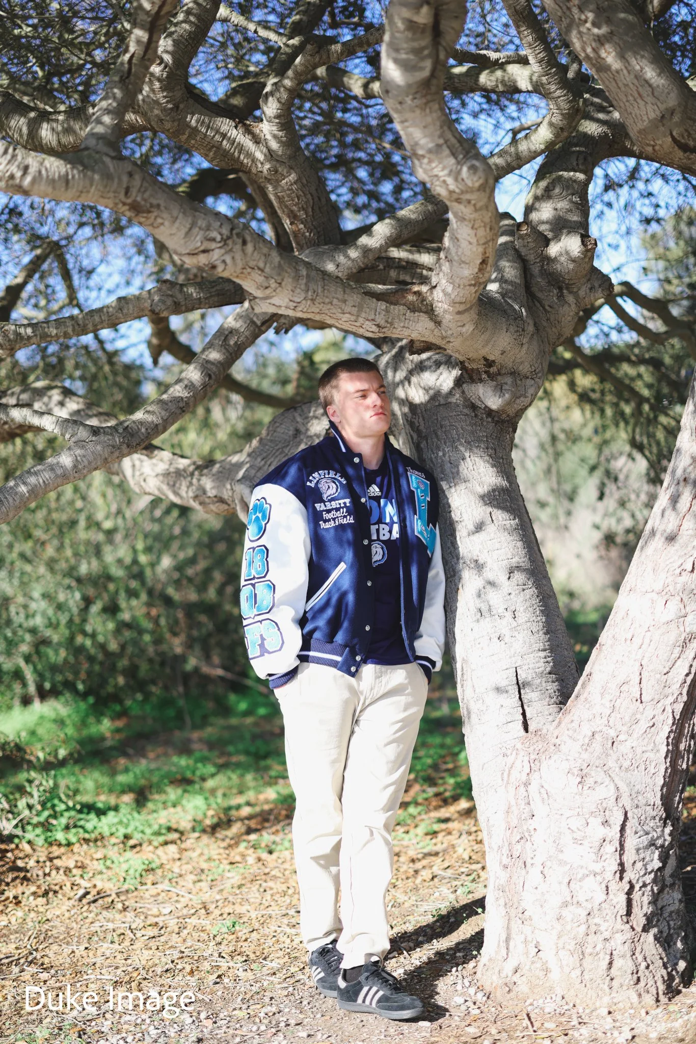A young man in a navy varsity jacket and beige pants is standing outdoors under a large, twisted tree with sparse leaves, sunlight casting shadows on him and the ground.