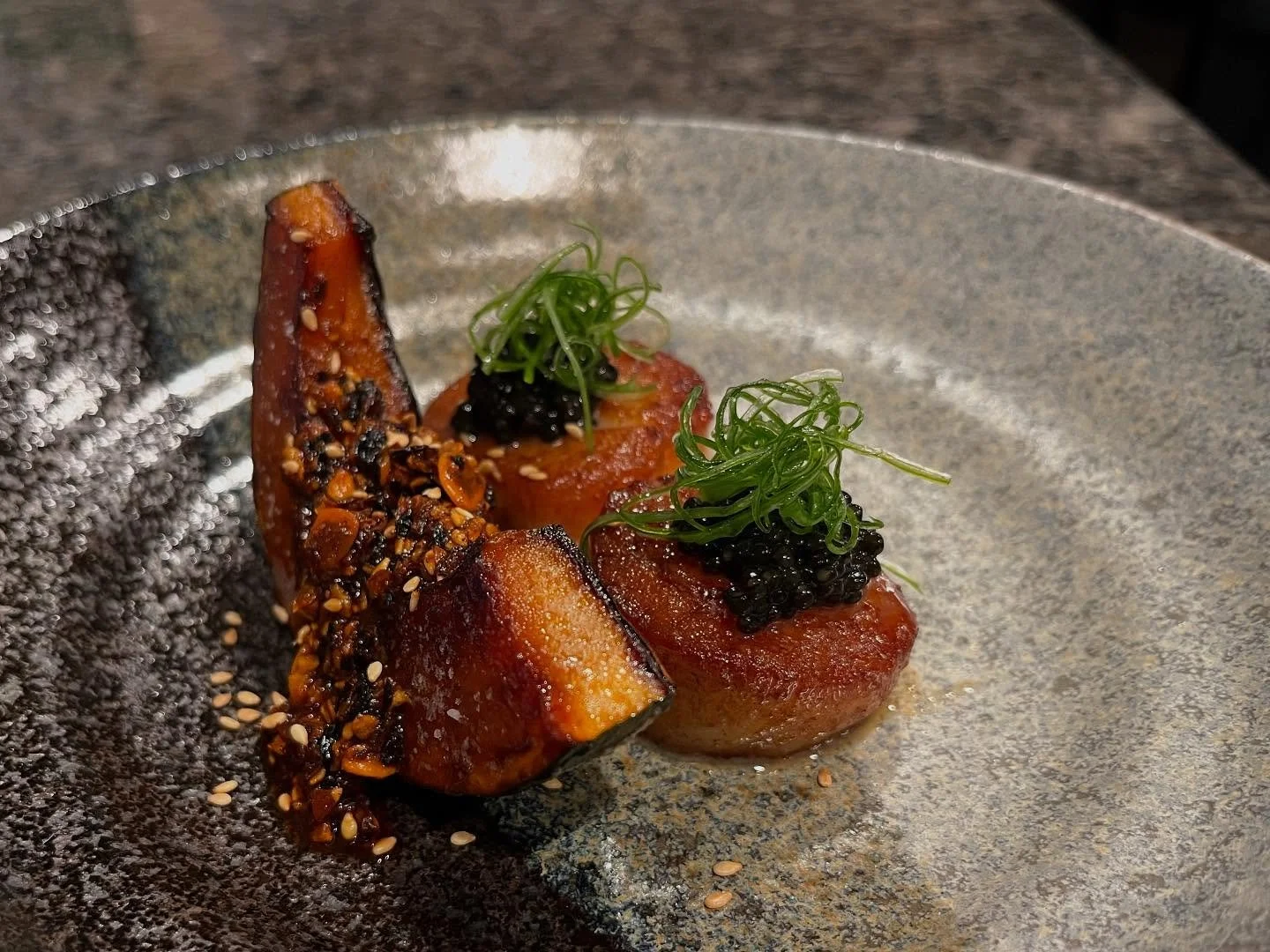 Scallops, caviar, kabocha, salsa macha.