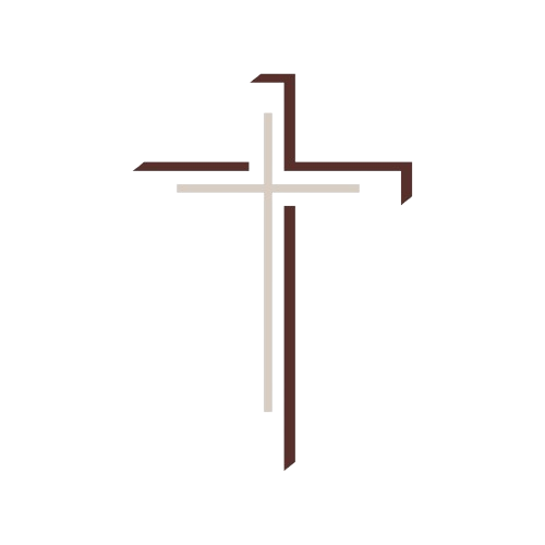 Close-up of a metallic, geometrically styled cross with intersecting straight lines and angular shapes, combining brown, white, beige, and light blue shades.