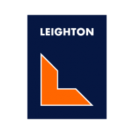 The image shows a logo from Leighton company and a stylized letter 'L' in orange on a dark blue background.
