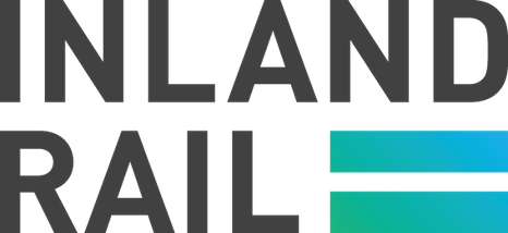 Part of the logo for Inland Rail, showing the words 'INLAND RAIL' with two horizontal gradient lines on the right.