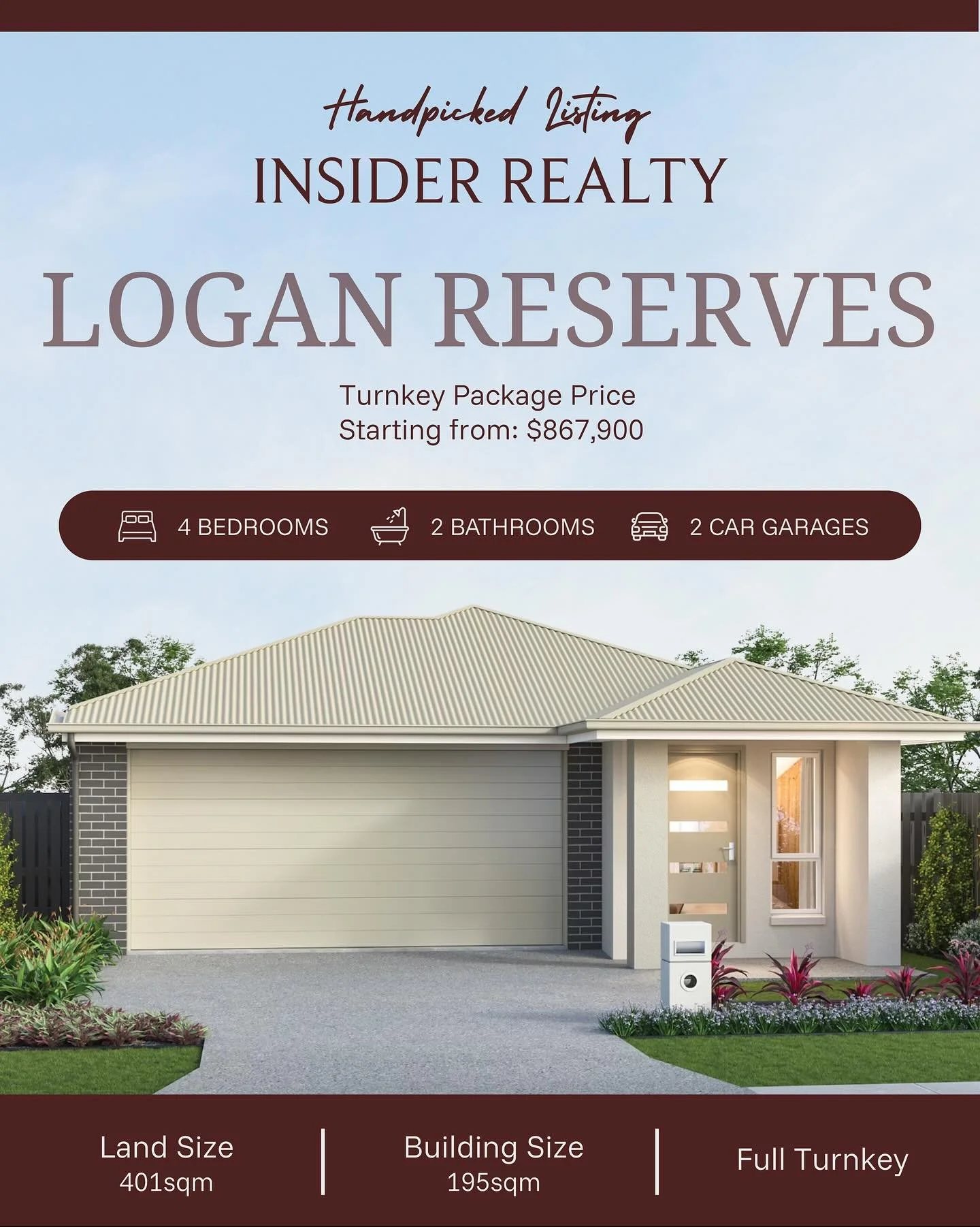 ✨ Handpicked Listing | Logan Reserve

A full turnkey home designed for family living &mdash; featuring 4 bedrooms, 2 bathrooms, and 2 car garages on a 401sqm block. The thoughtfully planned 195sqm build delivers both comfort and functionality, ready 