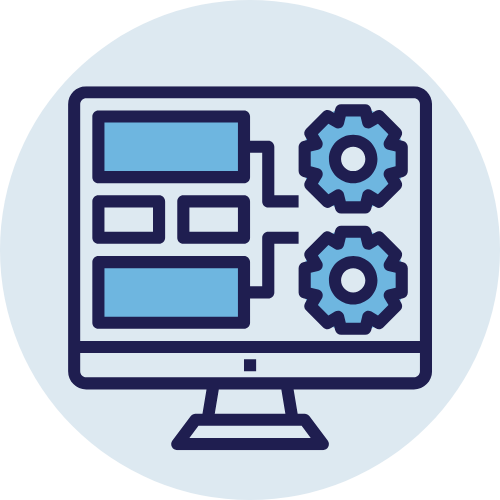 Outline illustration of a computer monitor displaying a flowchart with two gear icons, representing process management or system configuration.