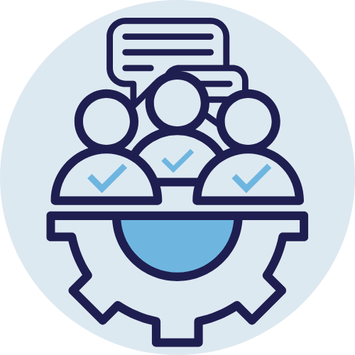 Icon of three people with check marks, speech bubble, and gear, representing team collaboration and communication.