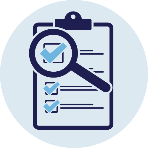 Icon of a clipboard with a checklist and a magnifying glass highlighting several checked items.