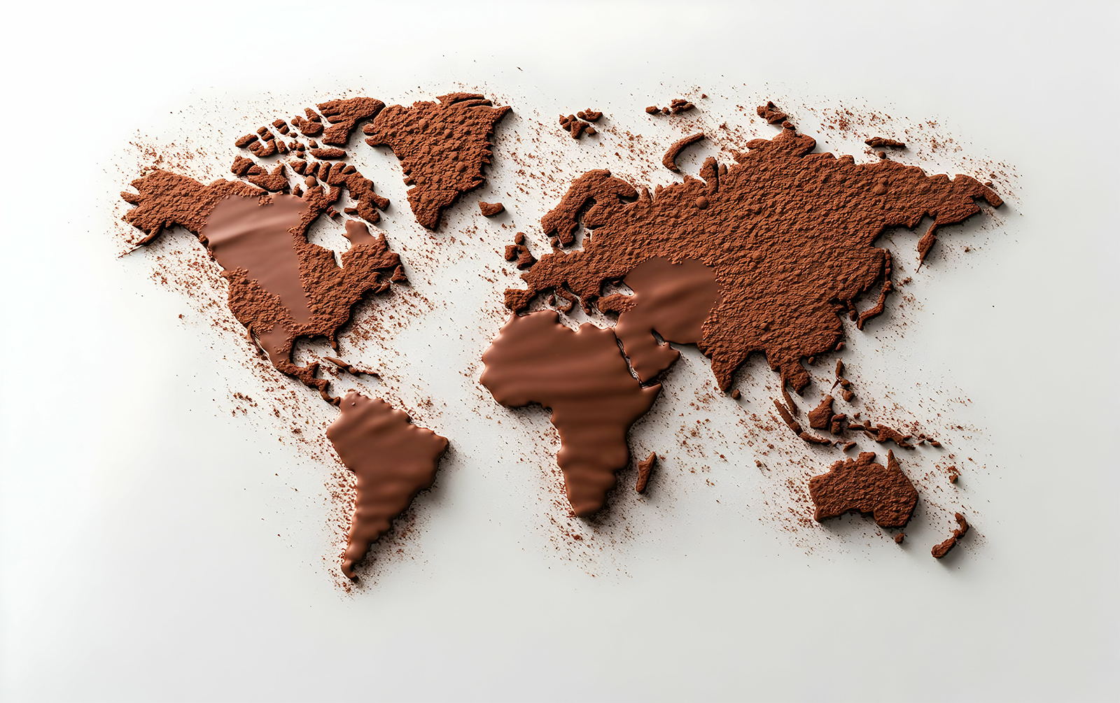 チョコレートの粉と溶かしたチョコレートで世界地図を描いている写真。where are you from