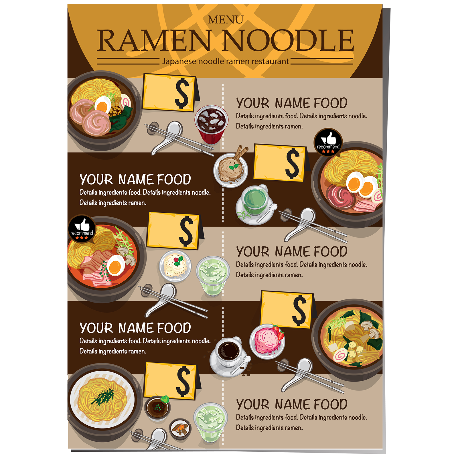 ラーメン店のメニュー看板のイラスト。さまざまな種類のラーメンと飲み物、乾杯のグラスや小皿の料理が描かれている。多言語のメニュー表を作成。