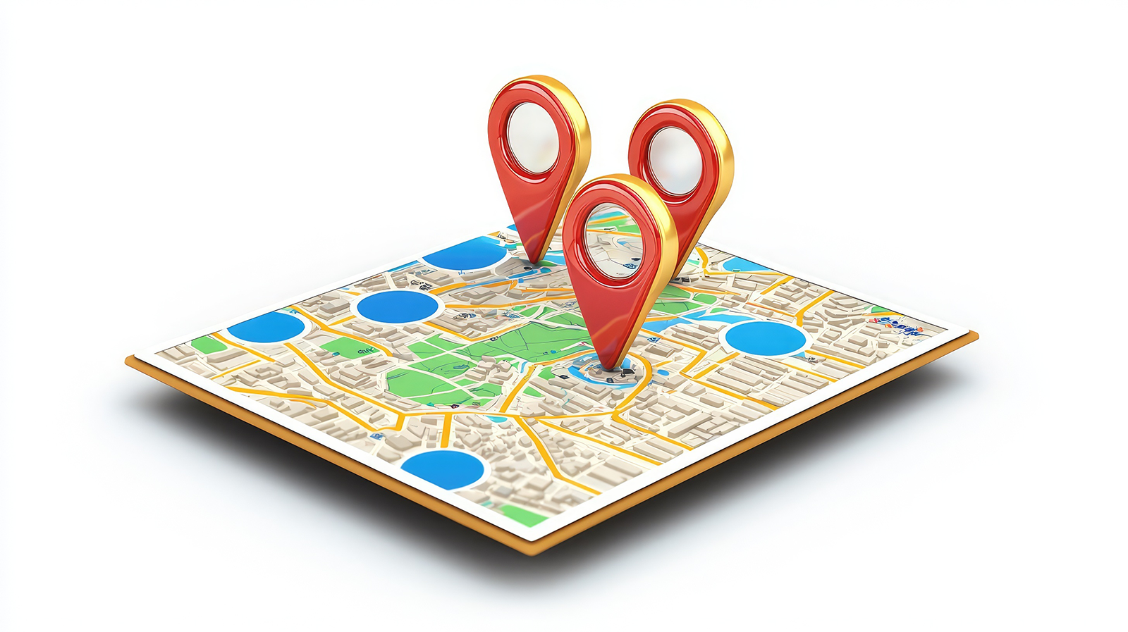 地図上に赤い位置マーカーが三つ設置されているイメージ。飲食店のマップを作成。