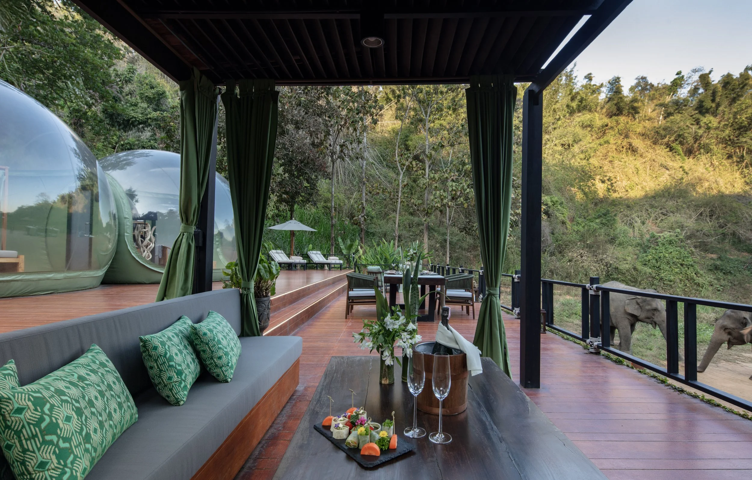 Outdoor terrace with wooden flooring, green curtains, and furniture including a sofa with green patterned pillows, a table with a flower arrangement, wine glasses, and assorted snacks. In the background, there are trees and two elephants near the railing.