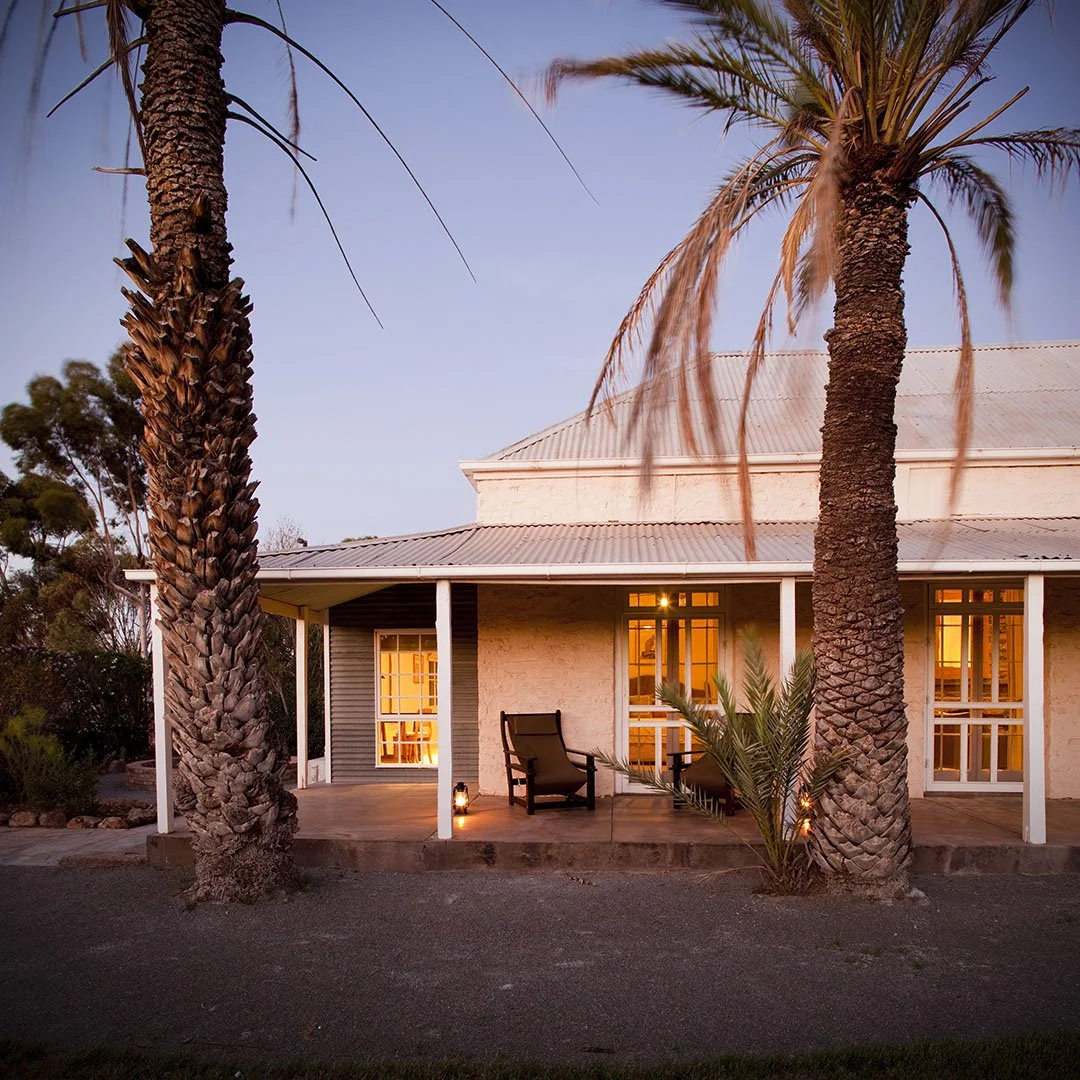 A house with a light-colored exterior and a metal roof, framed by two tall palm trees, illuminated from inside during dusk or early evening.