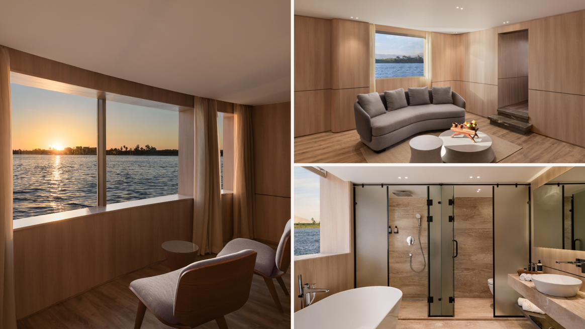 Images of a modern, wood-paneled room with large windows overlooking a river at sunset, including a sitting area with a curved sofa and coffee tables, and a bathroom with a bathtub, shower, and vanity.