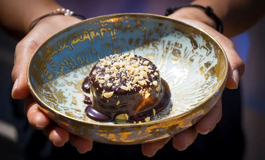Dessert topped with chopped nuts, covered in chocolate sauce, served in a decorative bowl.