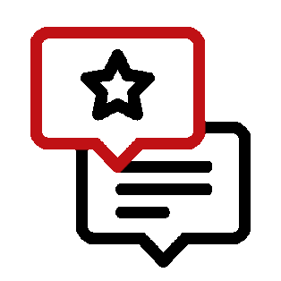 Icon of a document with a star at the top and a speech bubble with lines inside, all on a red background.