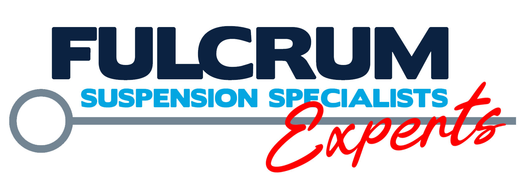 Logo for Fulcrum Suspension Specialists Experts with the word 'FULCRUM' in bold navy blue letters, 'SUSPENSION SPECIALISTS' in light blue, and 'Experts' in red cursive, featuring a gray and black key design.