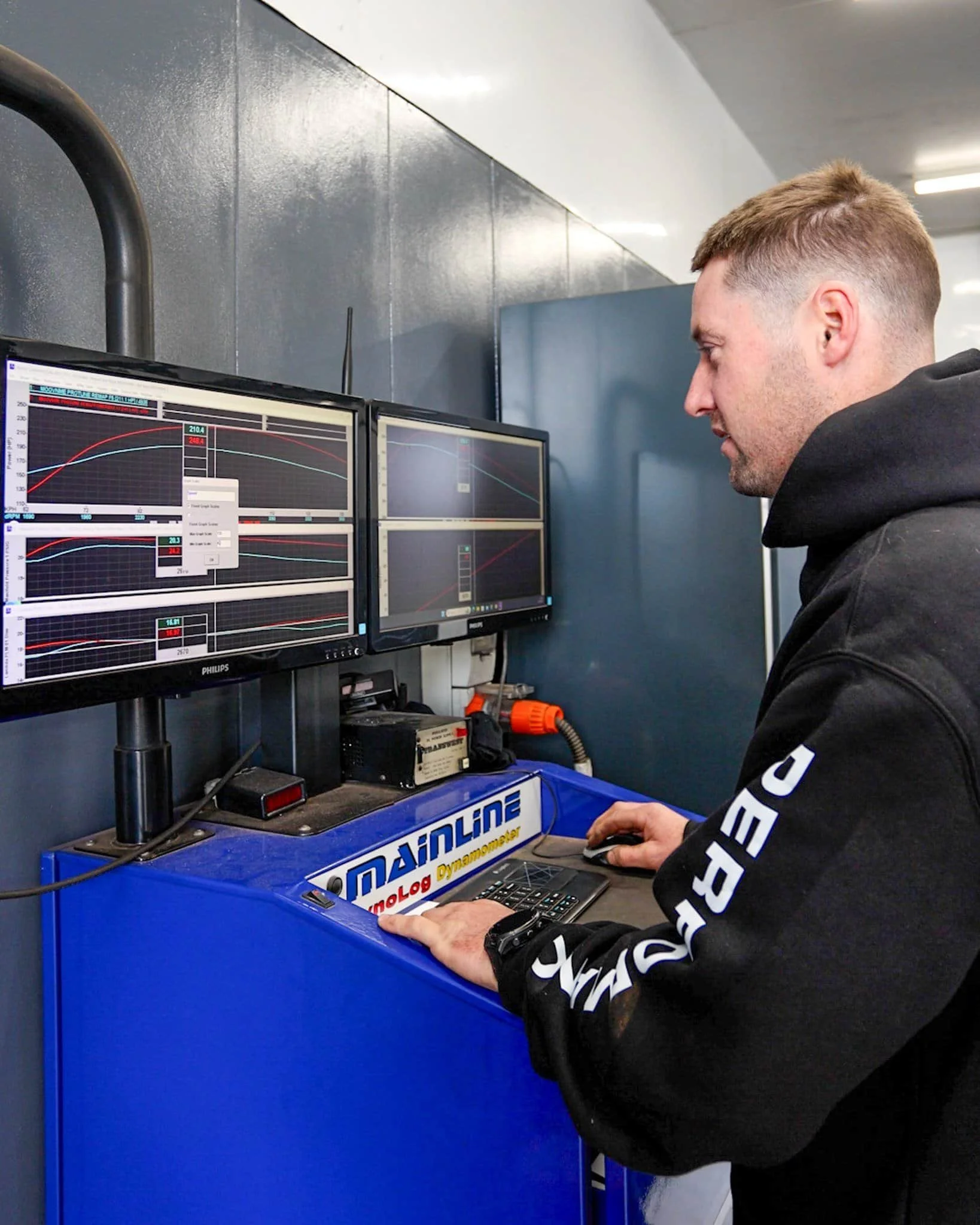 A person working on a laptop inside a vehicle, with the steering wheel and dashboard visible in the background.
