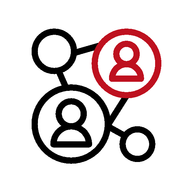 Icon of connected human figures and lines representing social network or connection with a red background.