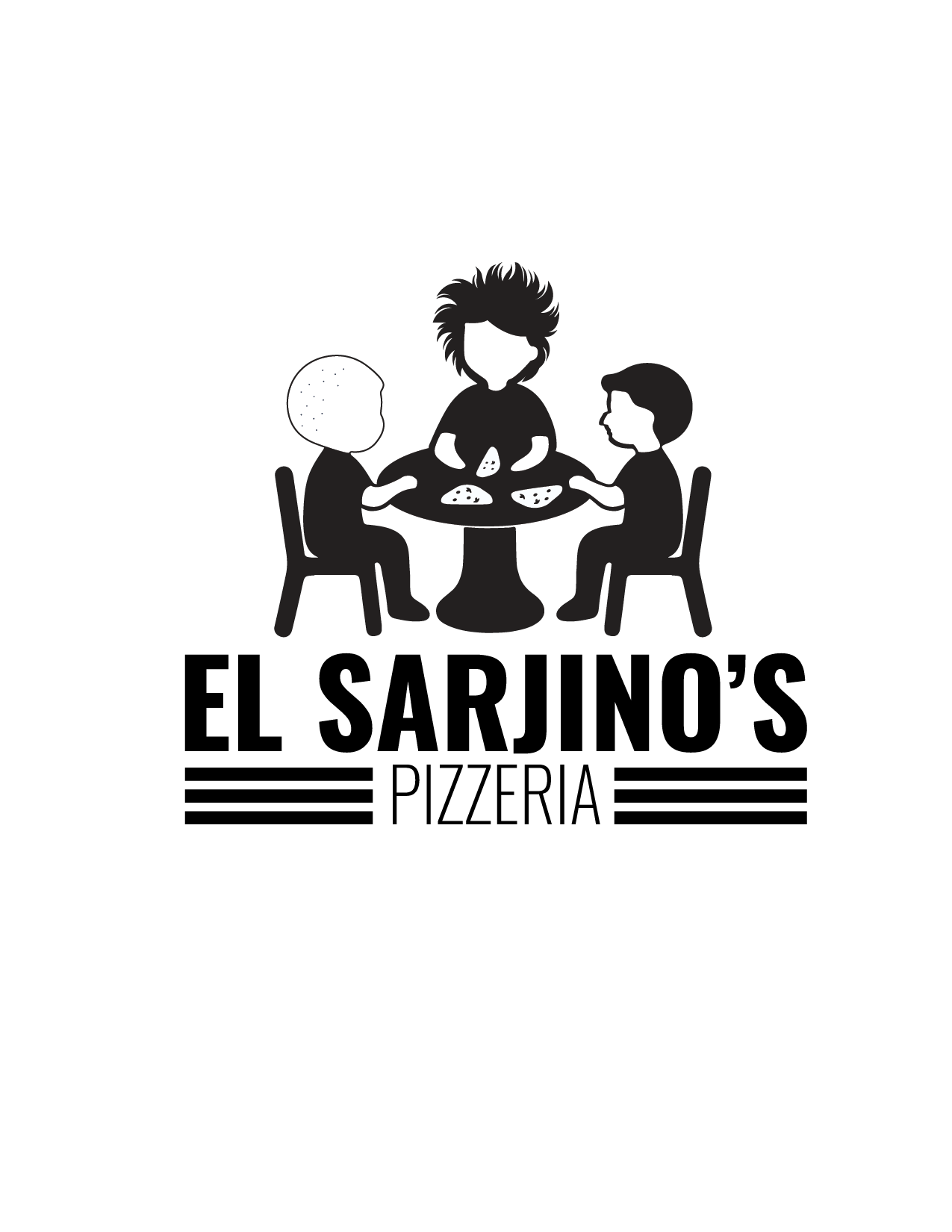 Black and white illustration of three children sitting at a round table eating pizza.
